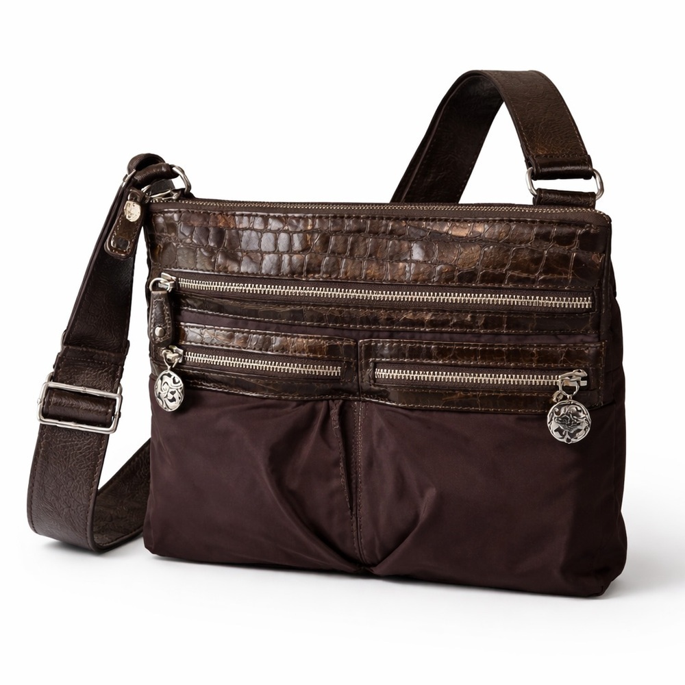 Brighton Go Go crossbody messenger bag nylon croc patent leather croc brown